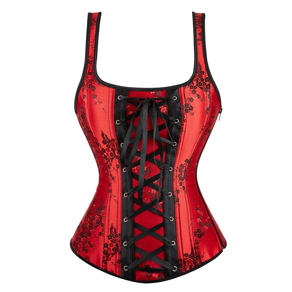 Vintage Floral Tapestry Overbust Corset with Wide Straps and Structured Seaming