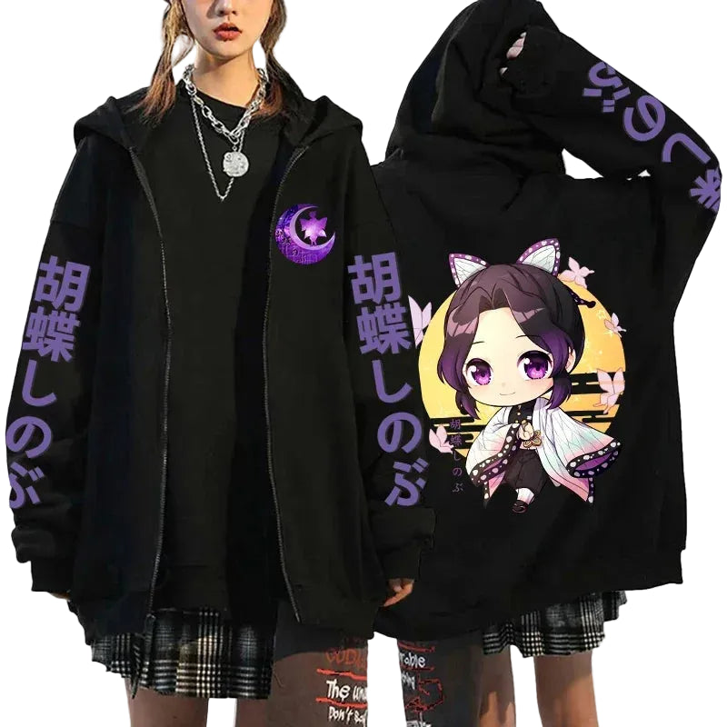 Anime-Inspired Kawaii Character Zip Hoodie with Manga Streetwear Design