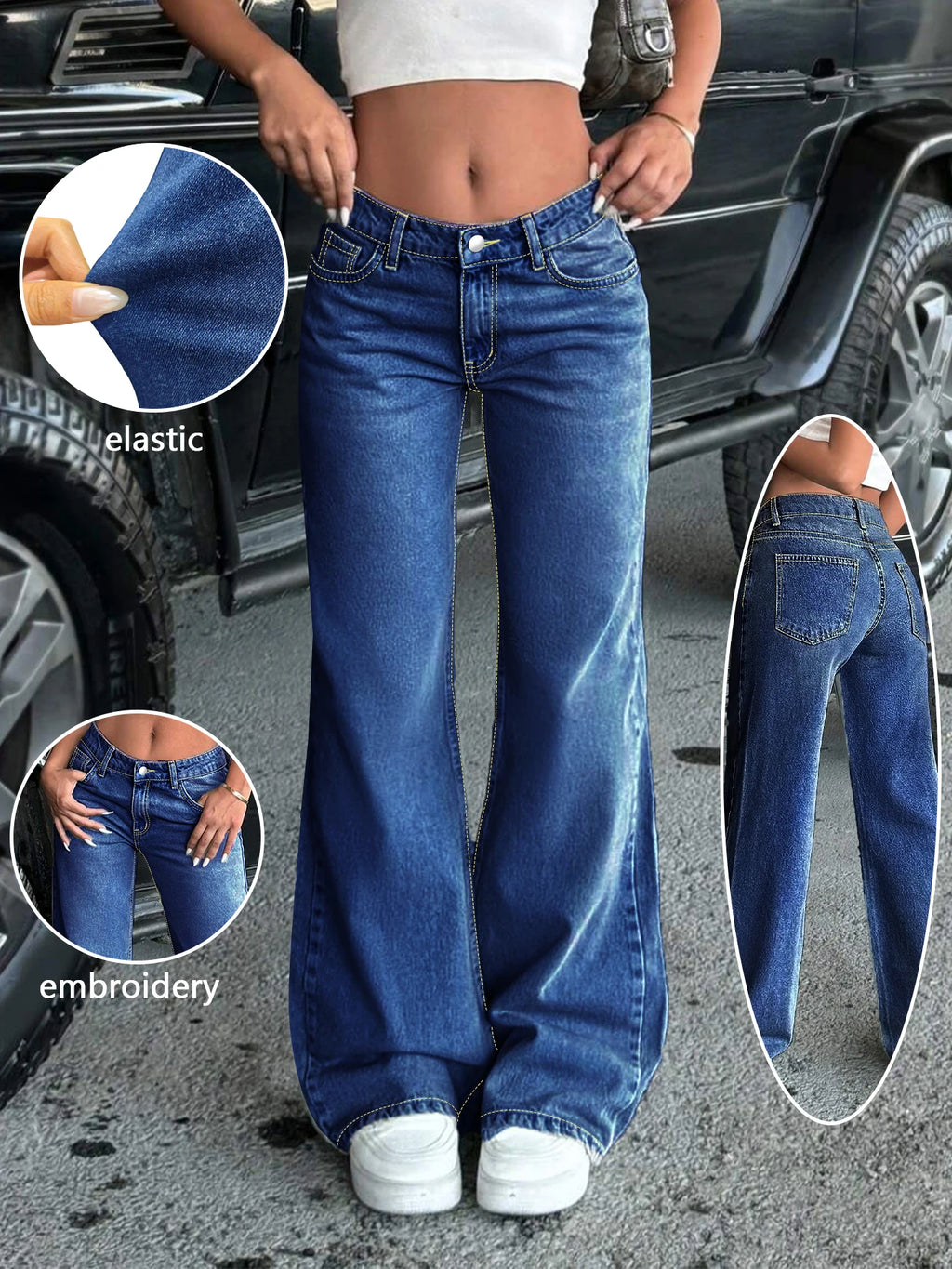 Women's Mid Rise Relaxed Straight Leg Stretch Denim Jeans for Everyday Streetwear Style