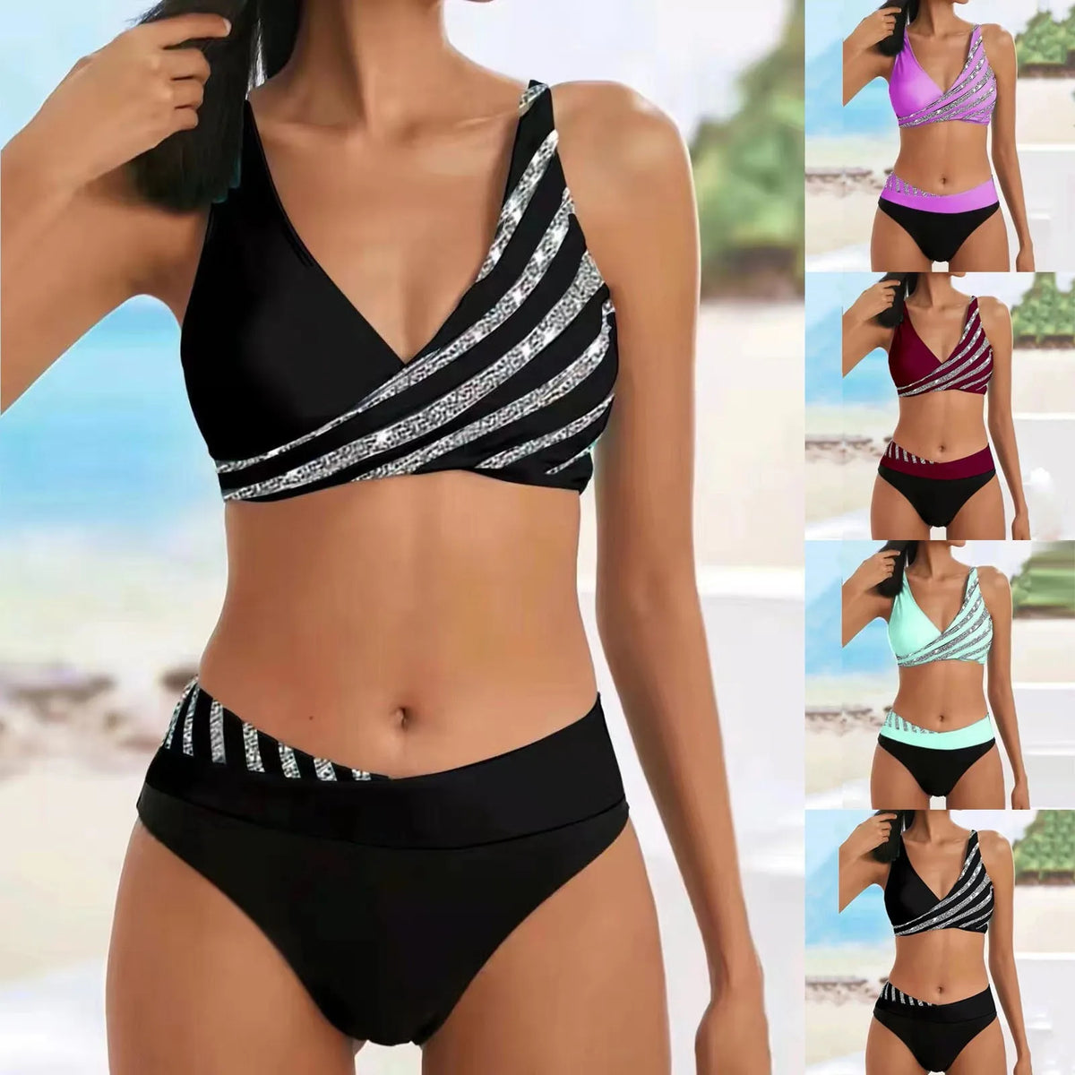 Women's Black Striped Two-Piece Bikini Set with Shiny Print, Strappy Crop Top and Low-Rise Swim Bottom