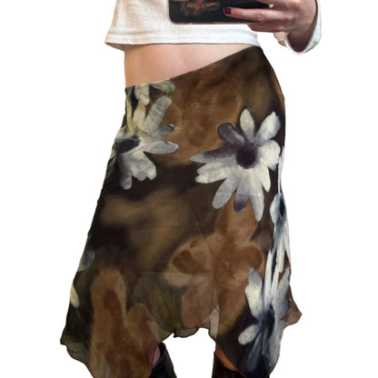 Low Rise Asymmetrical Floral Mesh Midi Skirt with Soft Pleats