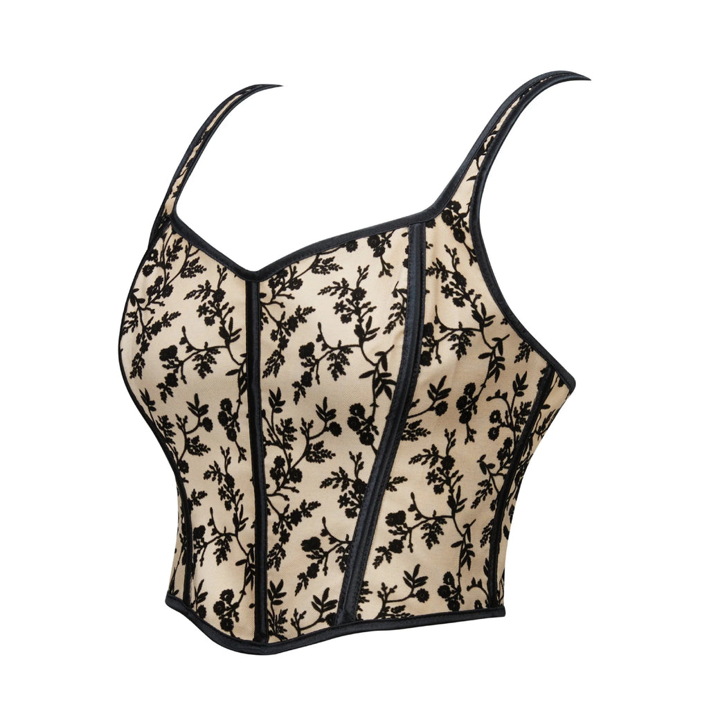 Coquette Flocked Floral Mesh Corset Top with Contrasting Trim and Sweetheart Neckline
