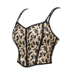 Coquette Flocked Floral Mesh Corset Top with Contrasting Trim and Sweetheart Neckline