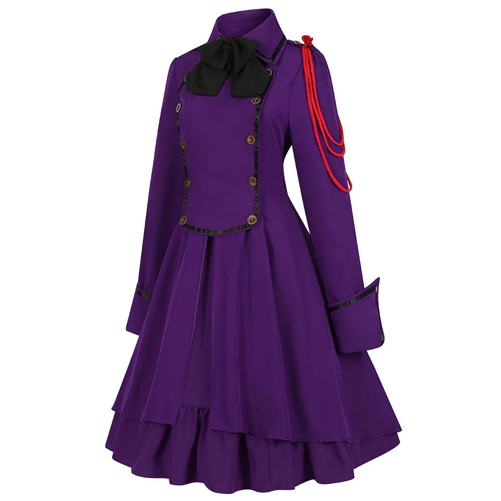 Vintage-Inspired Blue Victorian Coat Dress with Red Shoulder Cording and Bow Collar