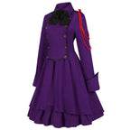 Vintage-Inspired Blue Victorian Coat Dress with Red Shoulder Cording and Bow Collar