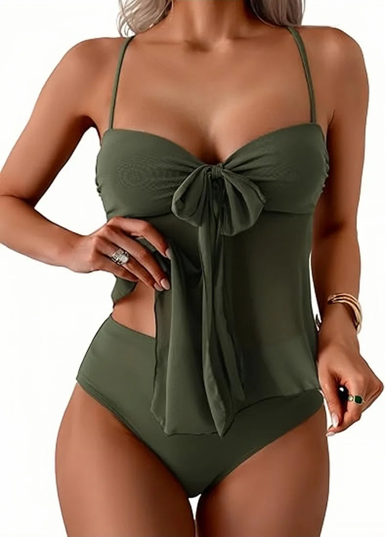 Earthy Brown Chiffon Bow Tankini Set with High-Waisted Bottoms