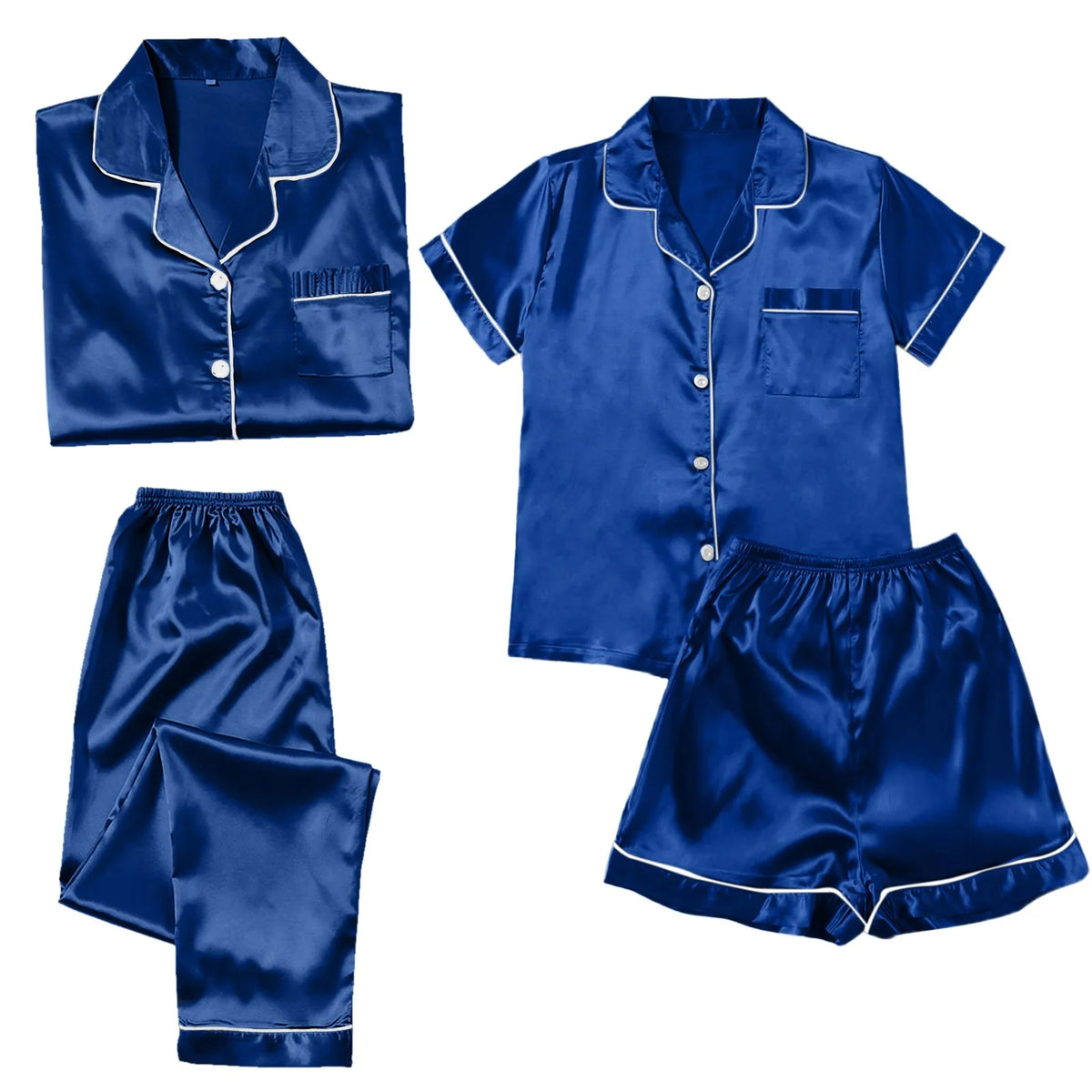 Women's 4-Piece Satin-Look Pajama Set, Soft Coordinated Sleepwear Collection with Matching Tops and Full-Length Pants, Plus-Size Loungewear