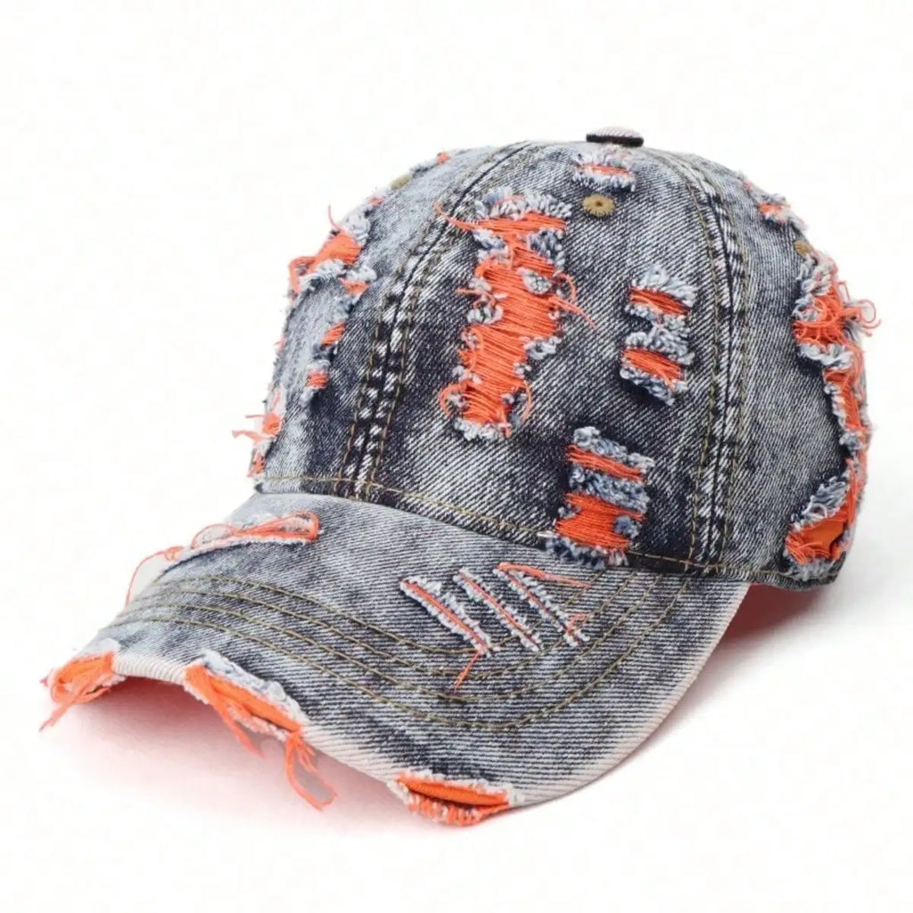 Vintage Distressed Washed Denim Style Baseball Cap with Ripped Detail for Casual Streetwear Fashion