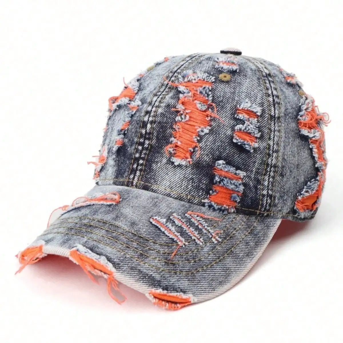 Vintage Distressed Washed Denim Style Baseball Cap with Ripped Detail for Casual Streetwear Fashion