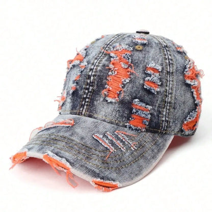 Vintage Distressed Washed Denim Style Baseball Cap with Ripped Detail for Casual Streetwear Fashion