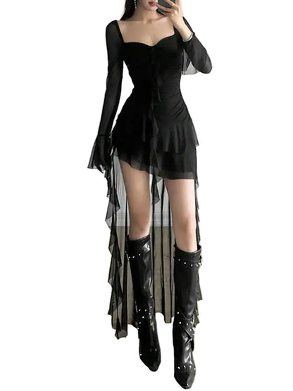 Elegant Sheer Sleeve Gothic Mini Dress with Alternative Fashion Style