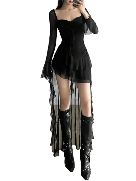 Elegant Sheer Sleeve Gothic Mini Dress with Alternative Fashion Style