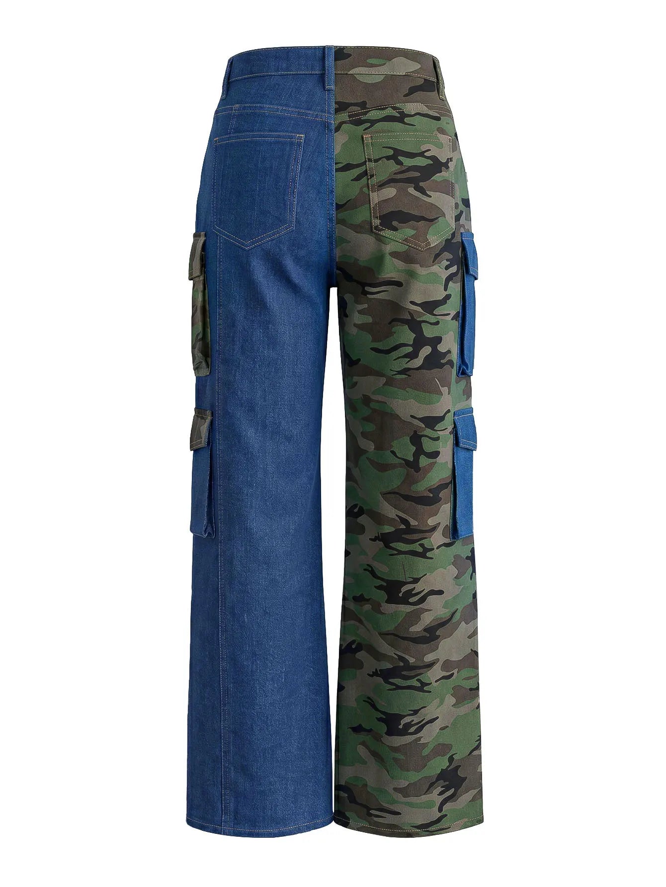 Women's High Waist Patchwork Cargo Denim Jeans with Multi-Pocket Relaxed Streetwear Fit