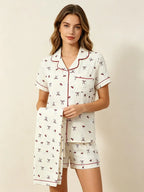 Three-Piece Cream Bow Print Pajama Lounge Set with Short-Sleeve Button-Down Top, Matching Shorts and Long Pants