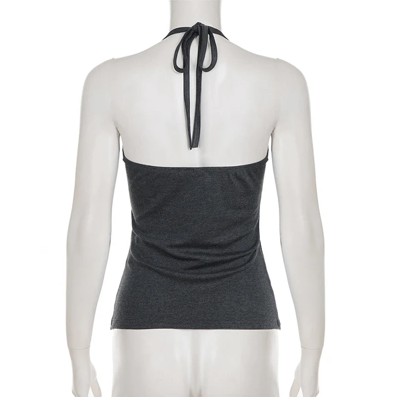Vintage Lace Trim Halter Crop Top with Slim Fit Knit Streetwear Camisole Design