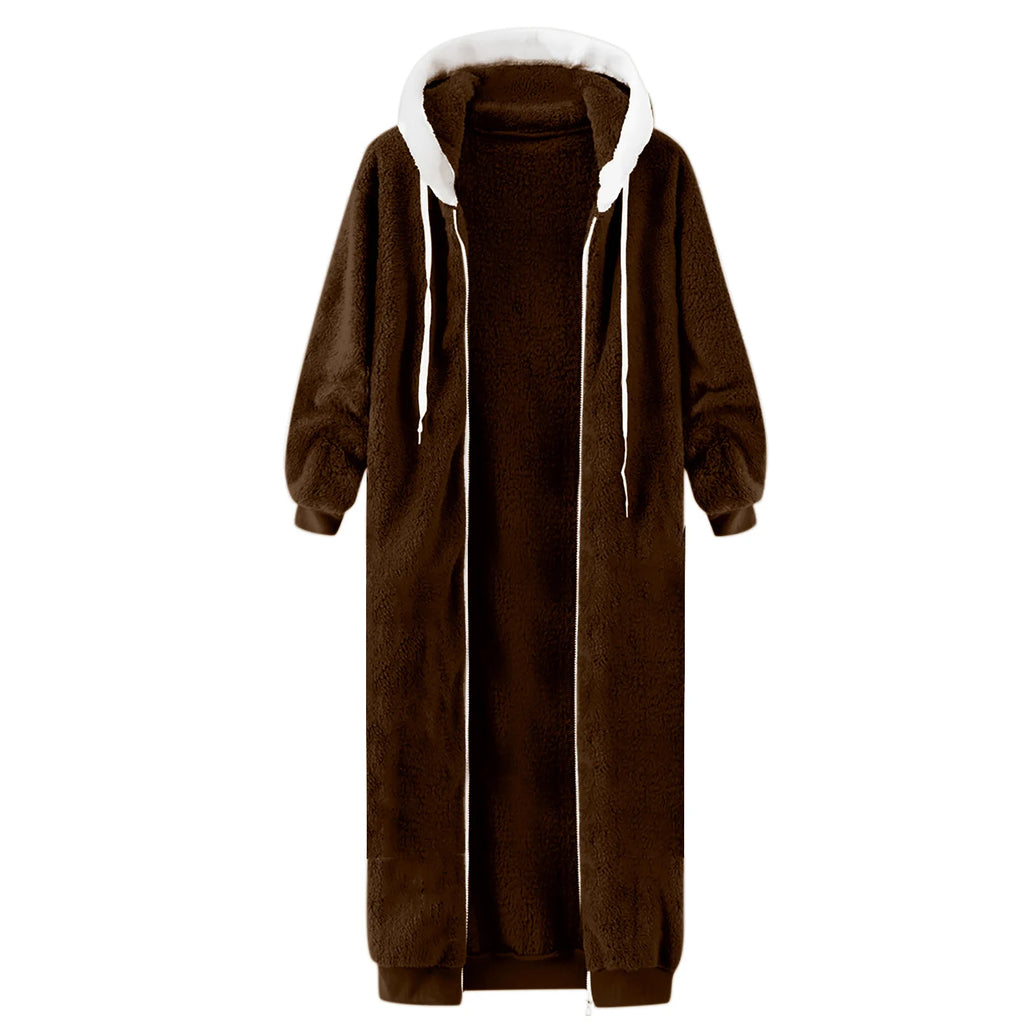 Longline Plush Fleece Hooded Jacket with Relaxed Streetwear Layering Fit