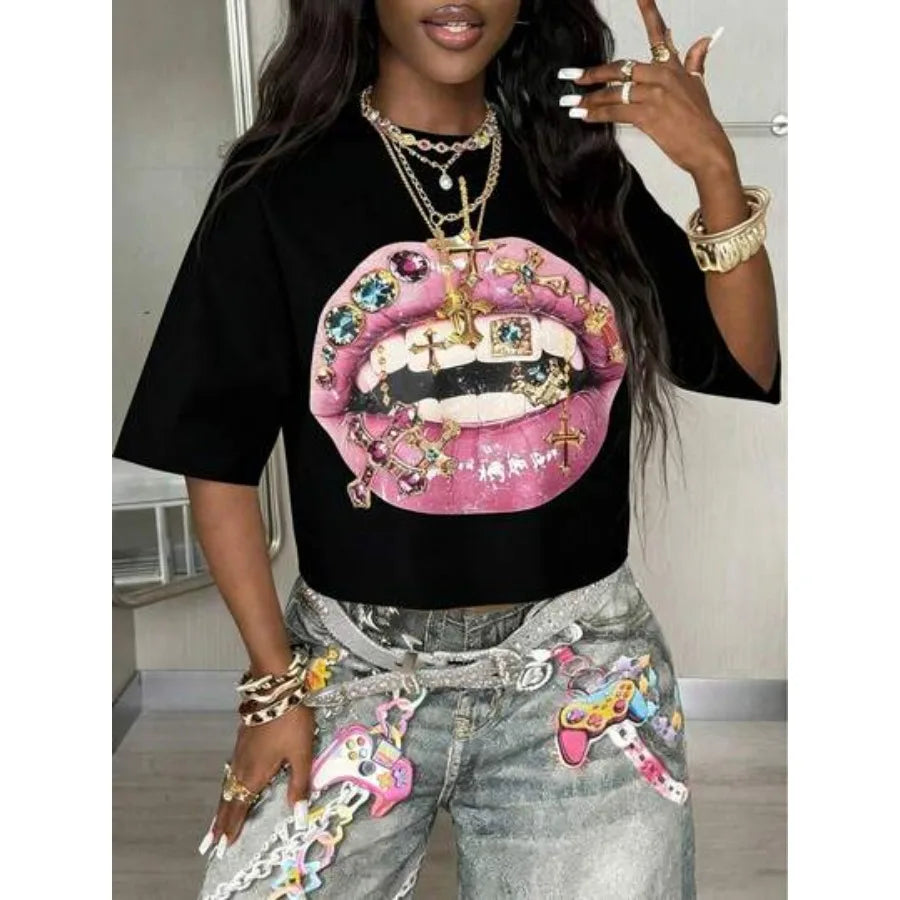 Jeweled Graphic Crop Tee with Edgy Artwork and Y2K Streetwear Style
