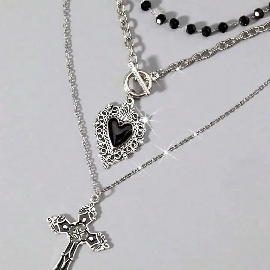 Layered Heart and Cross Necklace Set for Gothic Y2K Styling