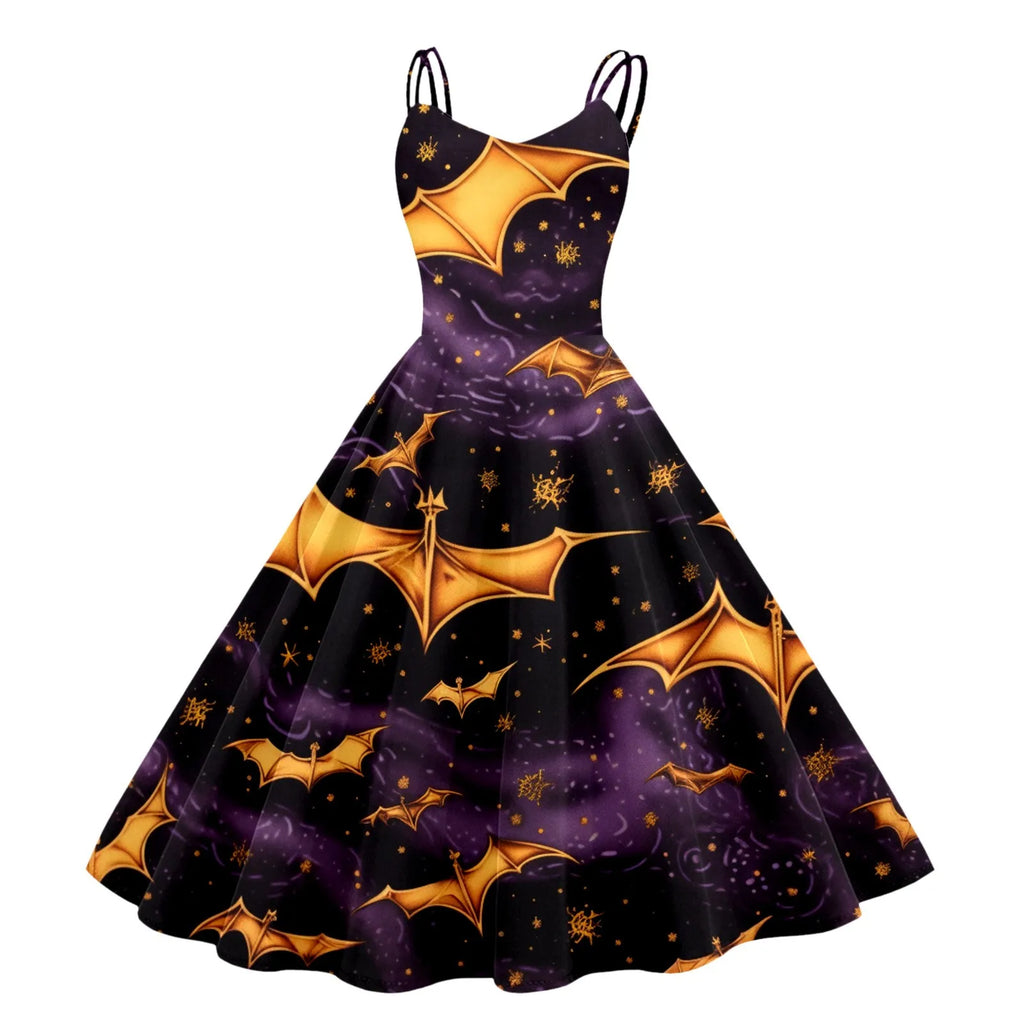 Whimsical Gothic Halloween Inspired Flare Dress with Vintage Charm