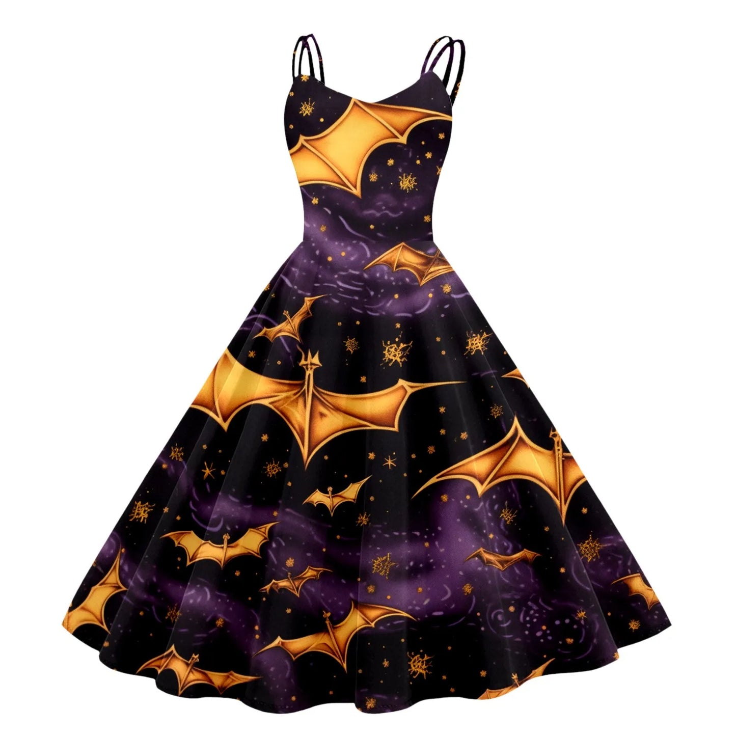 Whimsical Gothic Halloween Inspired Flare Dress with Vintage Charm