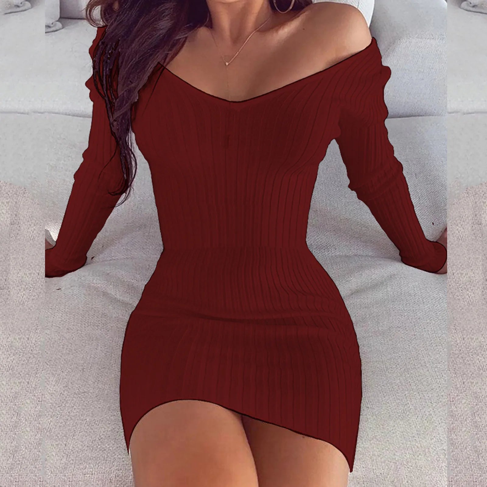 Ribbed Knit Bodycon Mini Dress with Long Sleeves and V Neckline