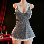 Plunging Halter-Neck Animal Print Mini Dress with White Scalloped Lace