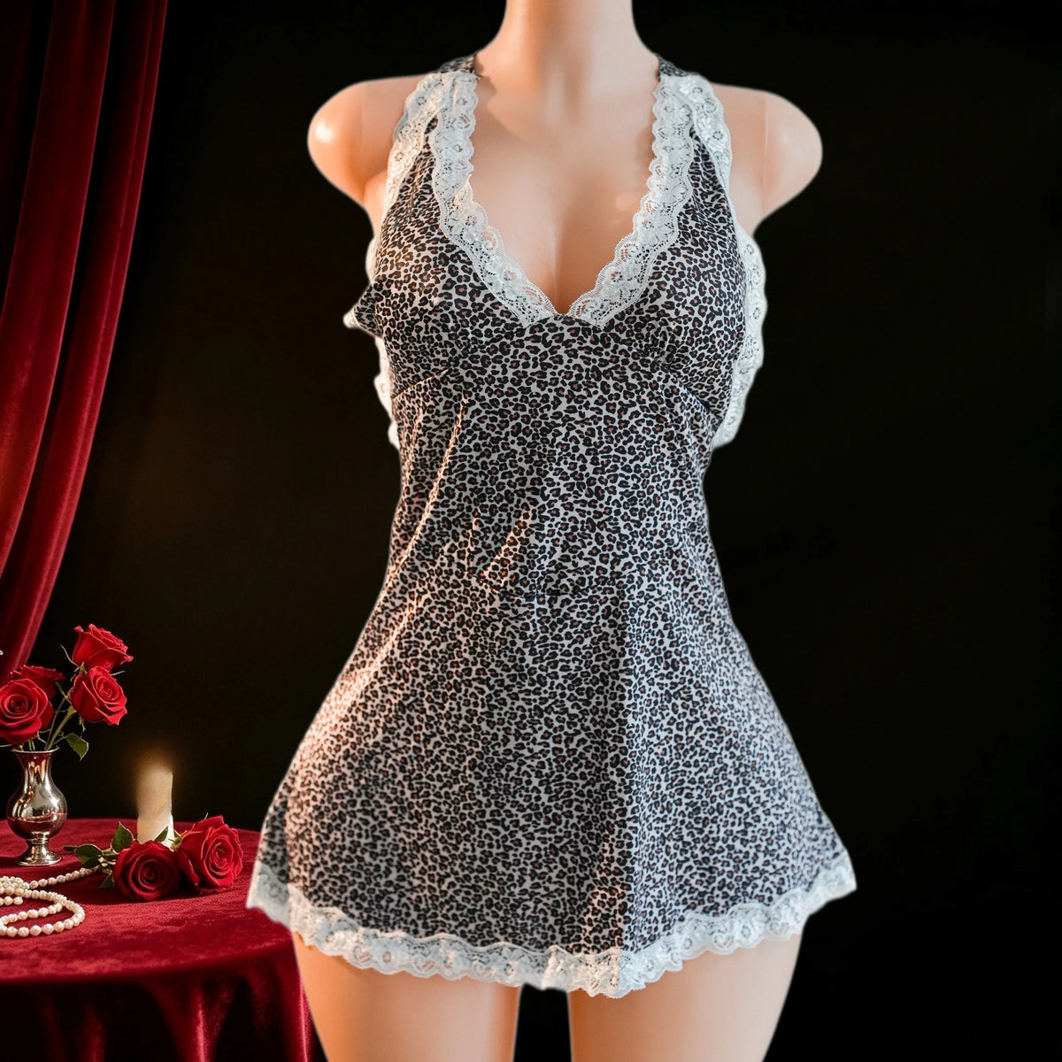Plunging Halter-Neck Animal Print Mini Dress with White Scalloped Lace