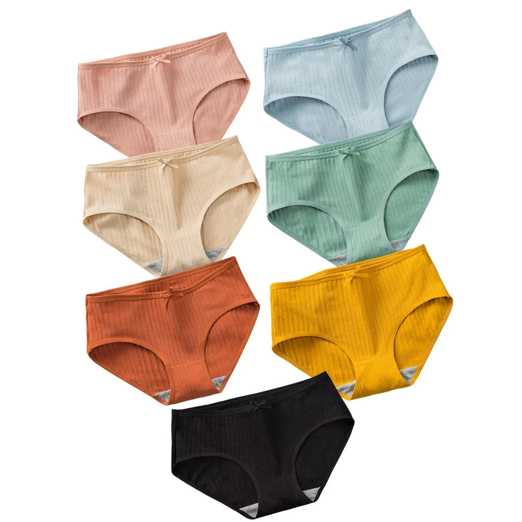 Seven-Piece Ribbed Cotton Blend Mid-Rise Brief Set with Bow Detail