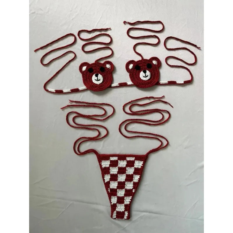 Red and White Crochet Micro Bikini with Bear Motif and Checkered Bottom