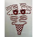 Red and White Crochet Micro Bikini with Bear Motif and Checkered Bottom