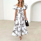 Floral Print Maxi Dress with Puff Sleeves and Waist Cutout Detail