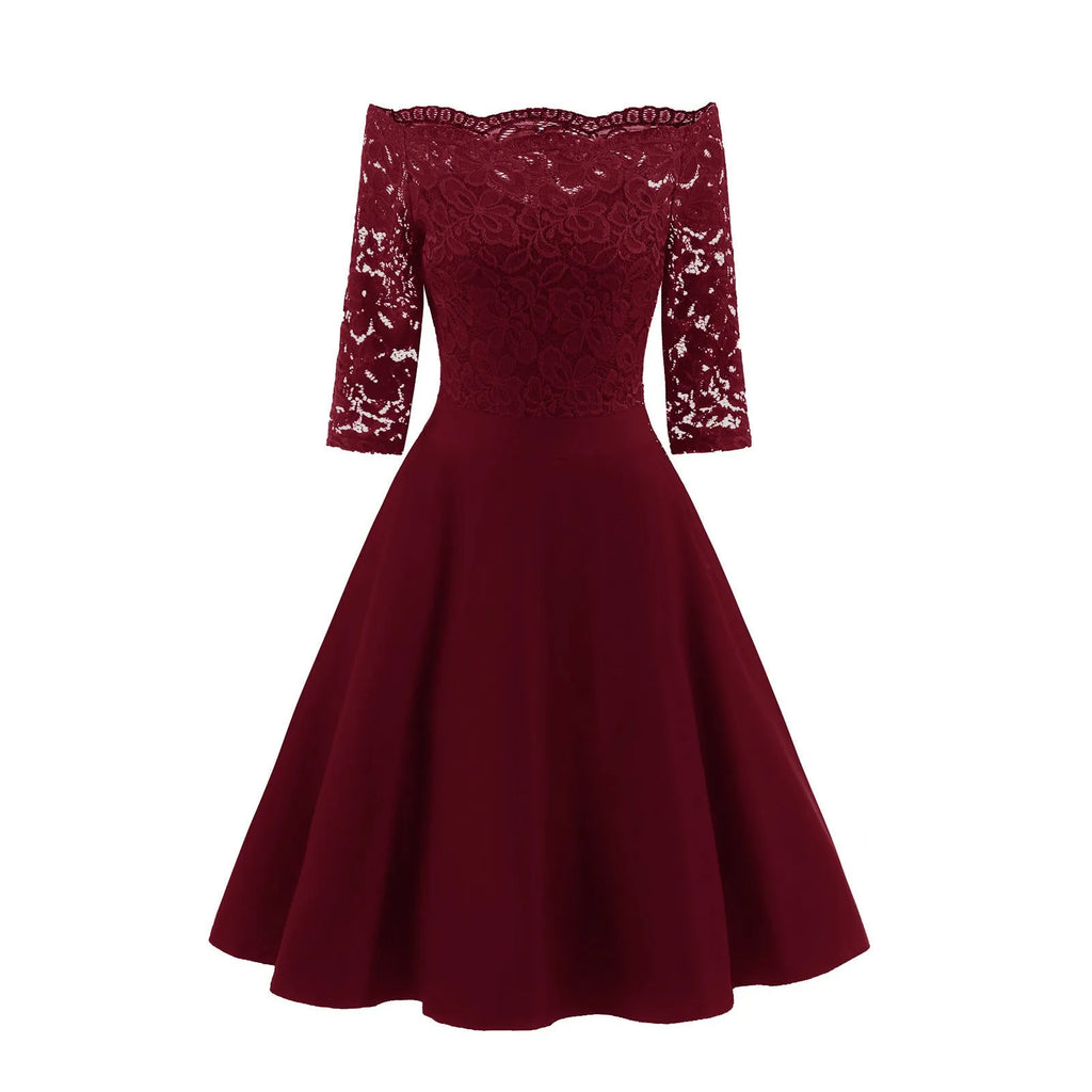 Elegant Burgundy Off-the-Shoulder Dress with Floral Lace Sleeves and Flared Skirt