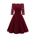 Elegant Burgundy Off-the-Shoulder Dress with Floral Lace Sleeves and Flared Skirt