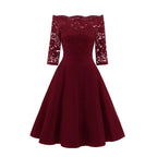 Elegant Burgundy Off-the-Shoulder Dress with Floral Lace Sleeves and Flared Skirt