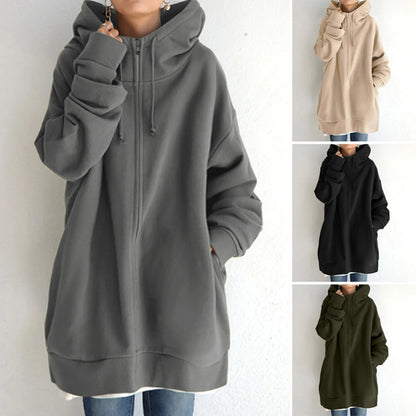 Women's Mid-Length Oversized Hooded Sweatshirt Relaxed Streetwear Pullover with Front Pocket