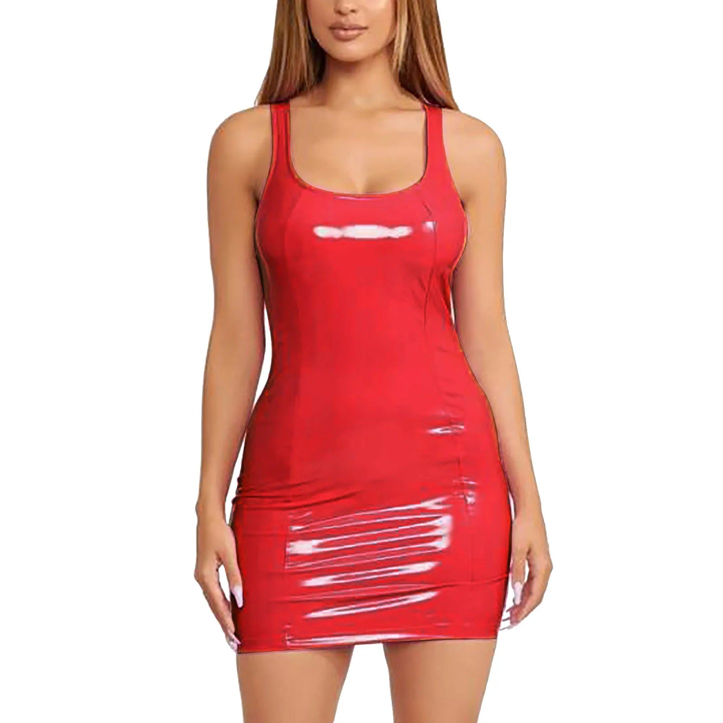 Glossy Faux Leather Bodycon Mini Dress with Sleeveless Zip Front Design