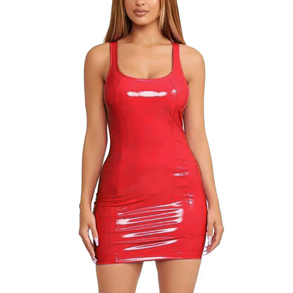 Glossy Faux Leather Bodycon Mini Dress with Sleeveless Zip Front Design