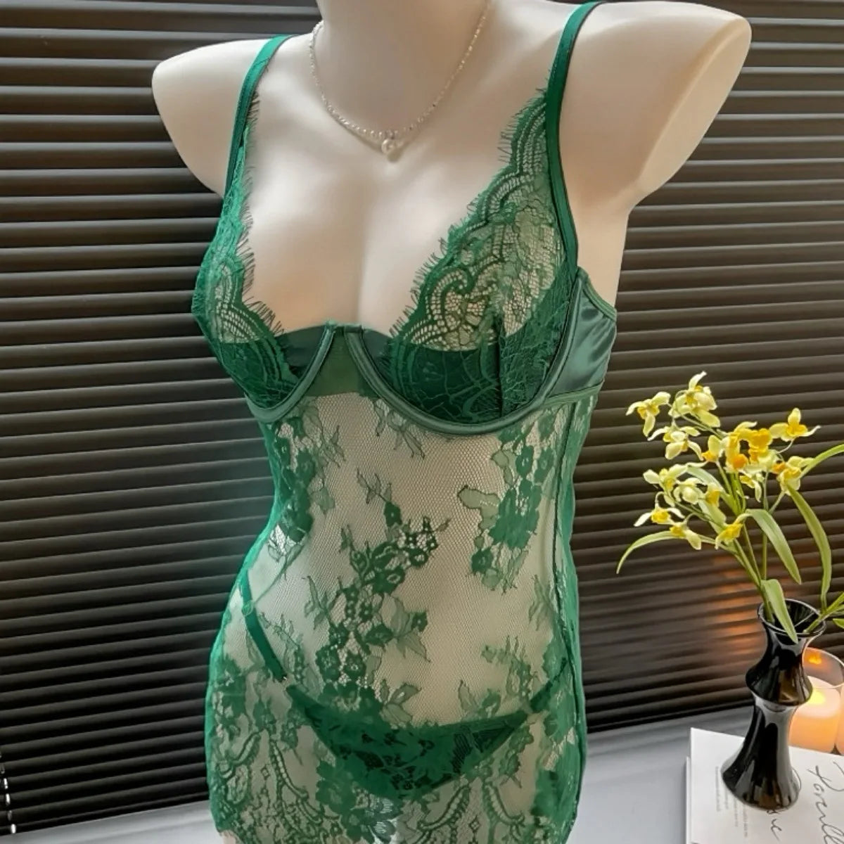 Emerald Green Sheer Floral Lace Mini Dress with Defined Cups