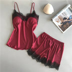 Sleek Satin-Finish Black Camisole and Shorts Sleep Set with Delicate Lace Trim