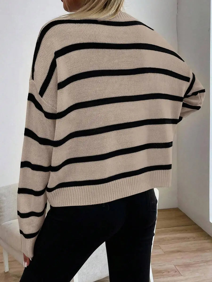 Women's Striped Drop Shoulder Relaxed Knit Sweater With Casual Cropped Silhouette
