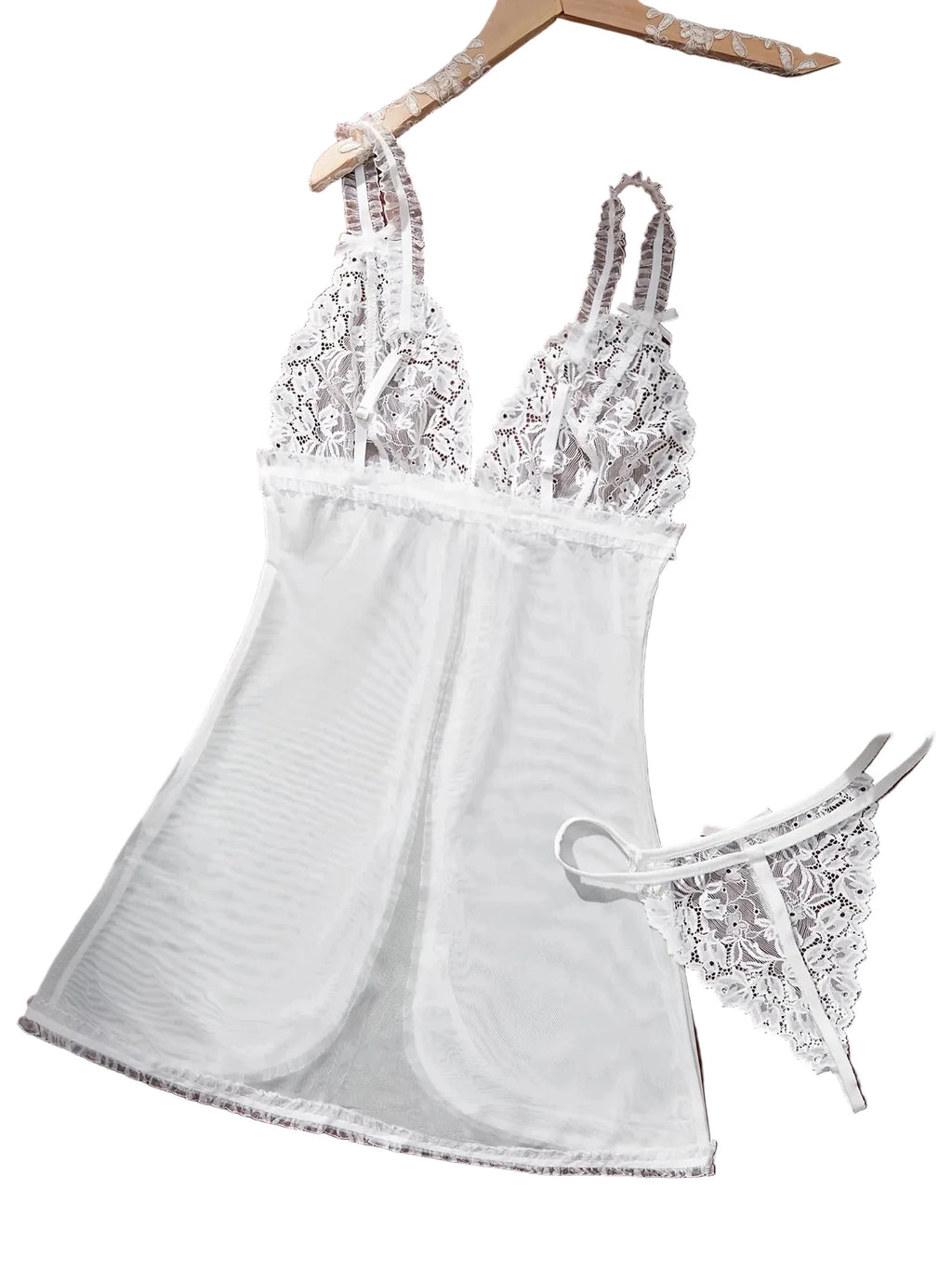 White Sheer Lace Camisole and Thong Lingerie Set with Delicate Straps, Floral Lace Detailing and Split-Hem Silhouette