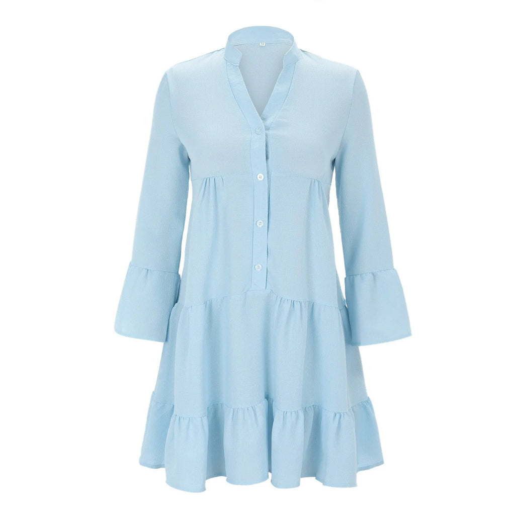 Flowy Long Sleeve Swing Mini Dress with Ruffle Hem and Relaxed Fit