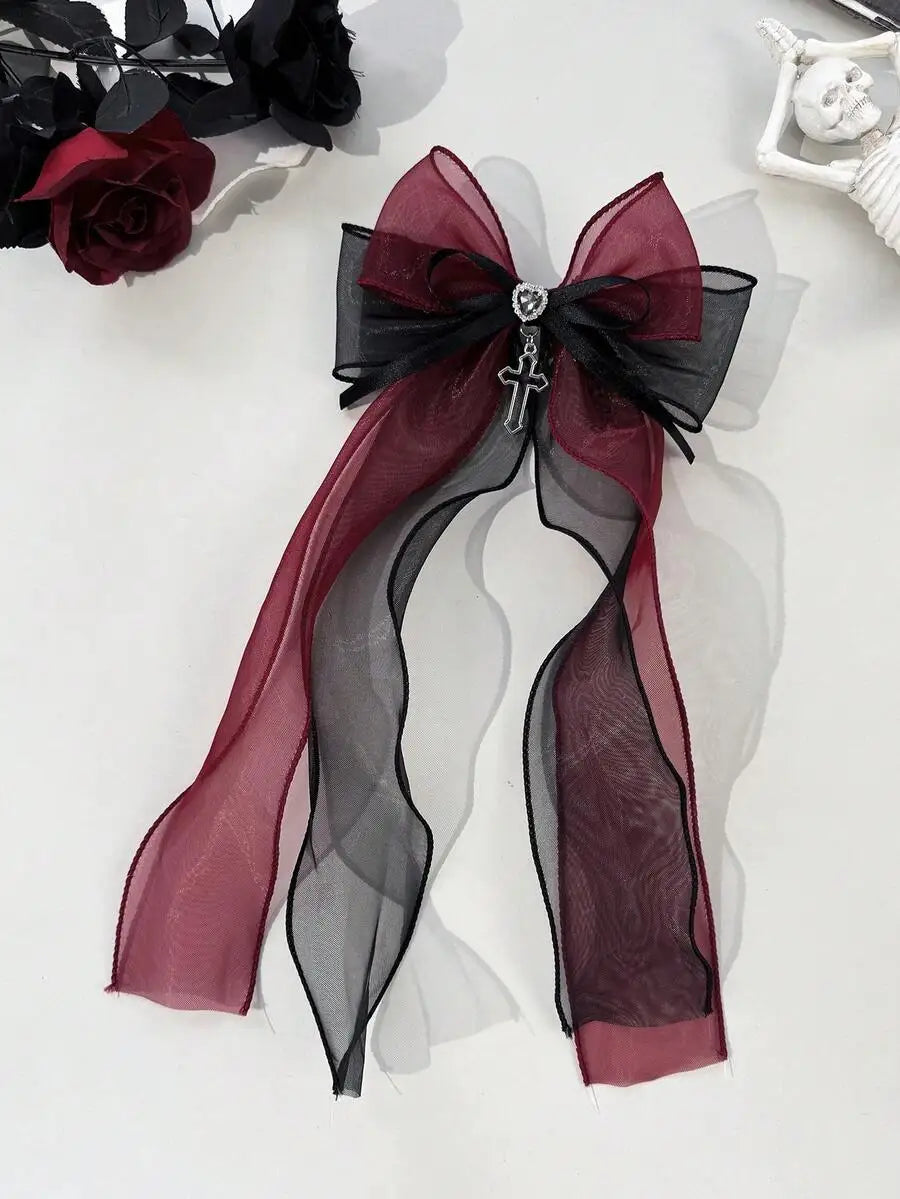 Gothic Mesh Bow Hair Clip With Cross Charm Alternative Statement Accessory