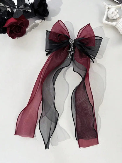 Gothic Mesh Bow Hair Clip With Cross Charm Alternative Statement Accessory