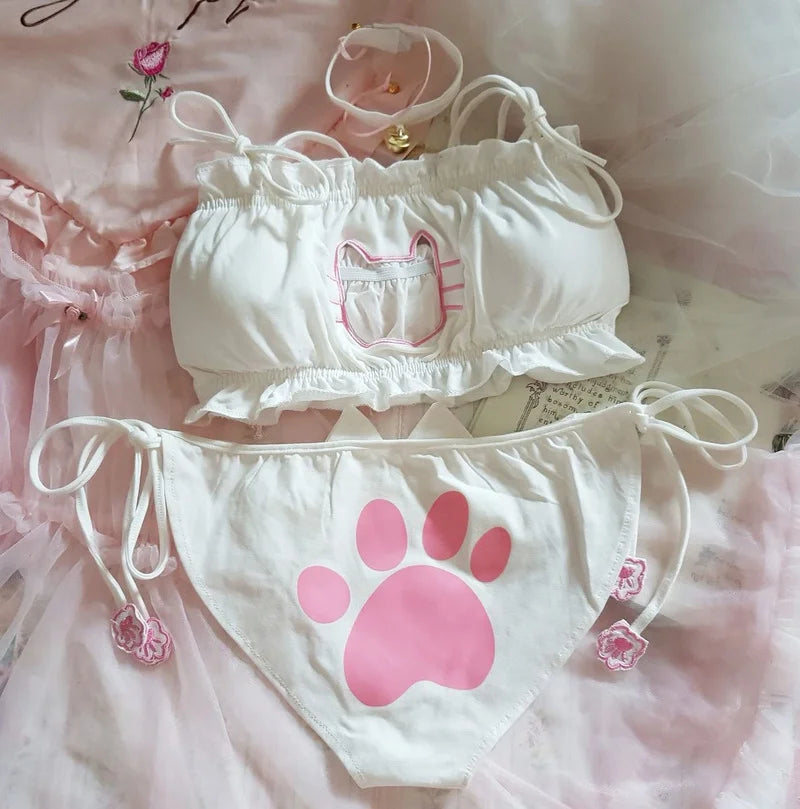 Playful Embroidered Cat Motif Wire-Free Bralette and Tie-Side Panty Set