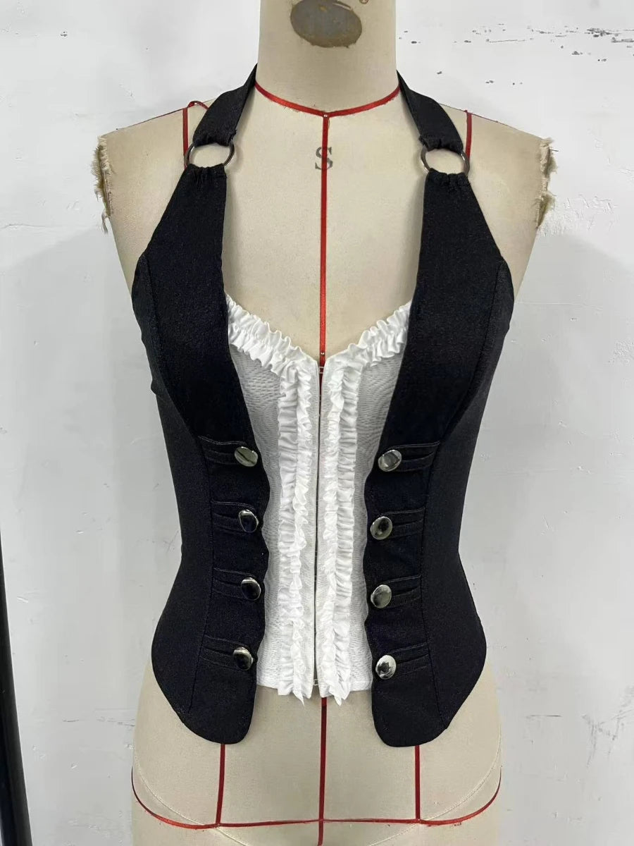 Color Block Halter Corset-Inspired Crop Top with Button Front and Structured Fit