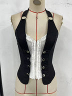 Color Block Halter Corset-Inspired Crop Top with Button Front and Structured Fit