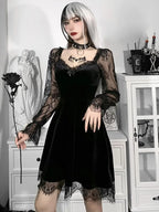 Velvet Gothic Skater Dress with Lace Sleeves and Dark Romantic Style