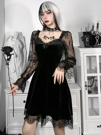 Velvet Gothic Skater Dress with Lace Sleeves and Dark Romantic Style