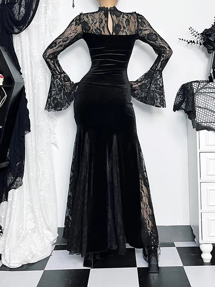 Velvet Gothic Mermaid Dress with Lace Panels and Alternative Elegance